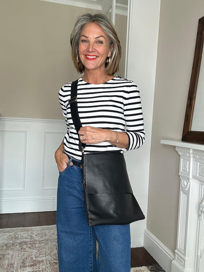 Soft Envelope Leather Bag with Adjustable Strap in Black