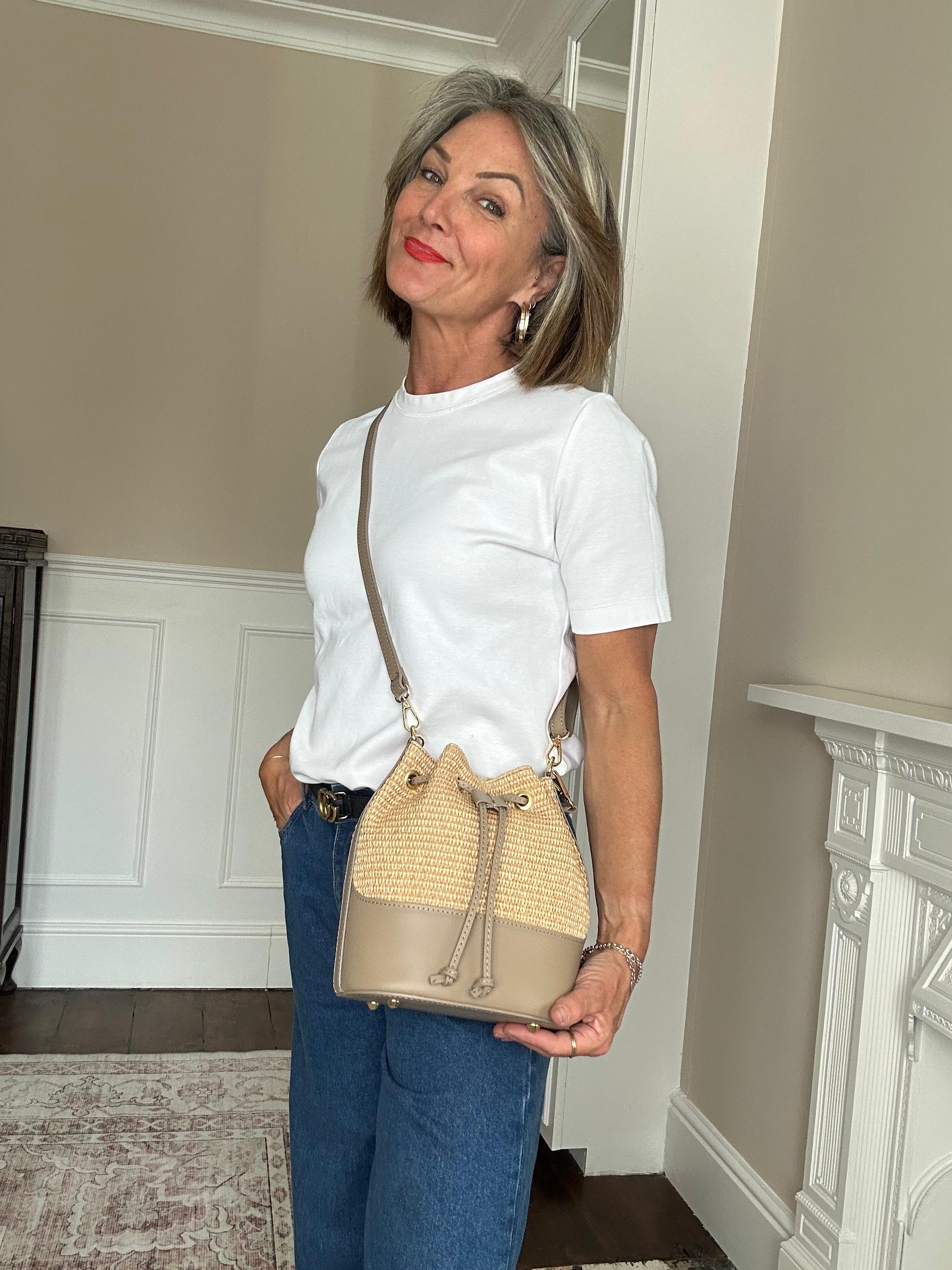 Amalfi Woven Bucket Bag with Taupe Leather