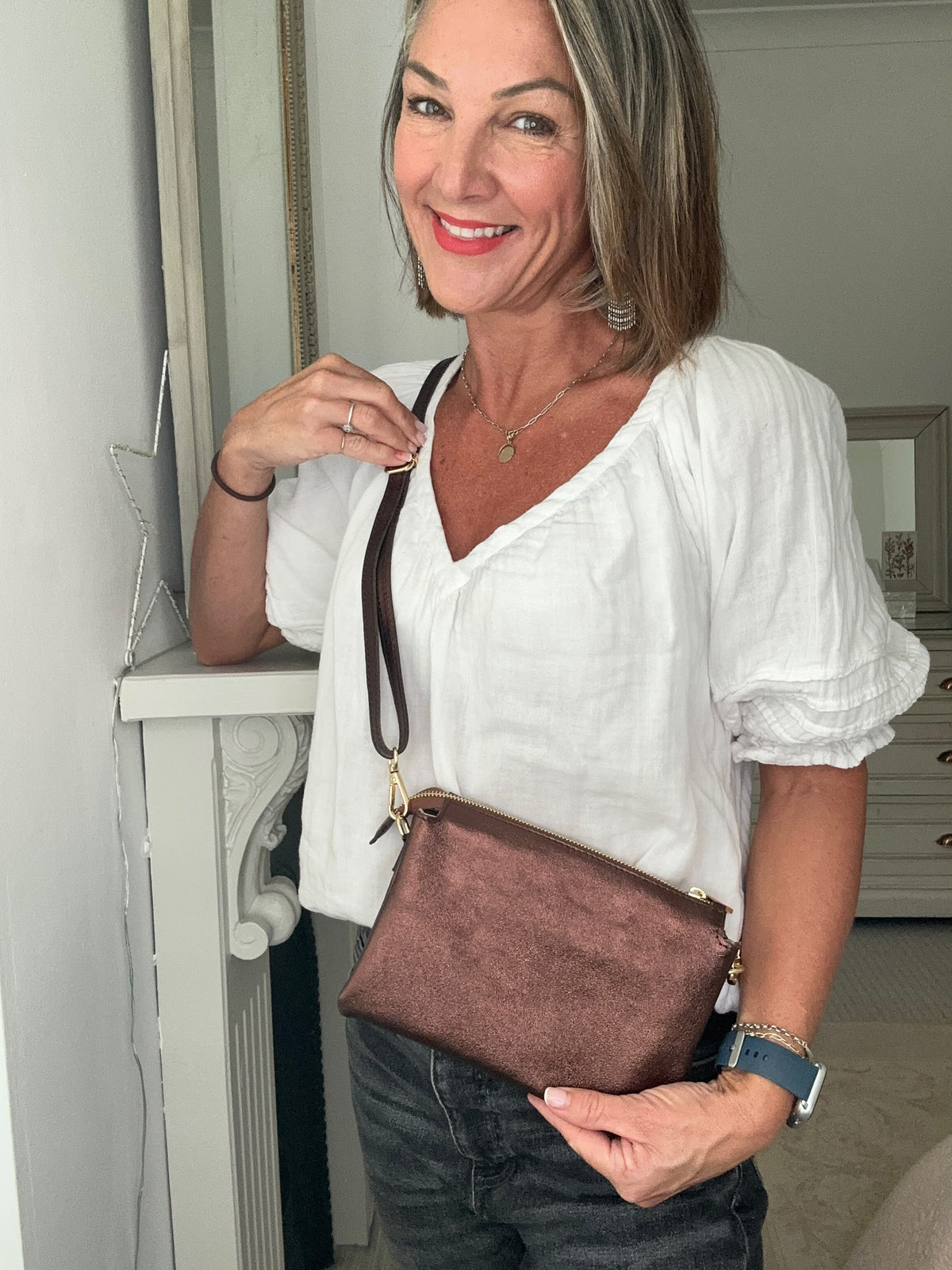 Trinity Cross Body bag in Chocolate Metallic Leather