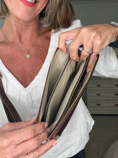 Trinity Cross Body bag in Chocolate Metallic Leather