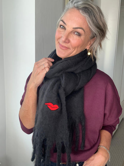 DML Lip Embroidered Cosy Scarf — Black