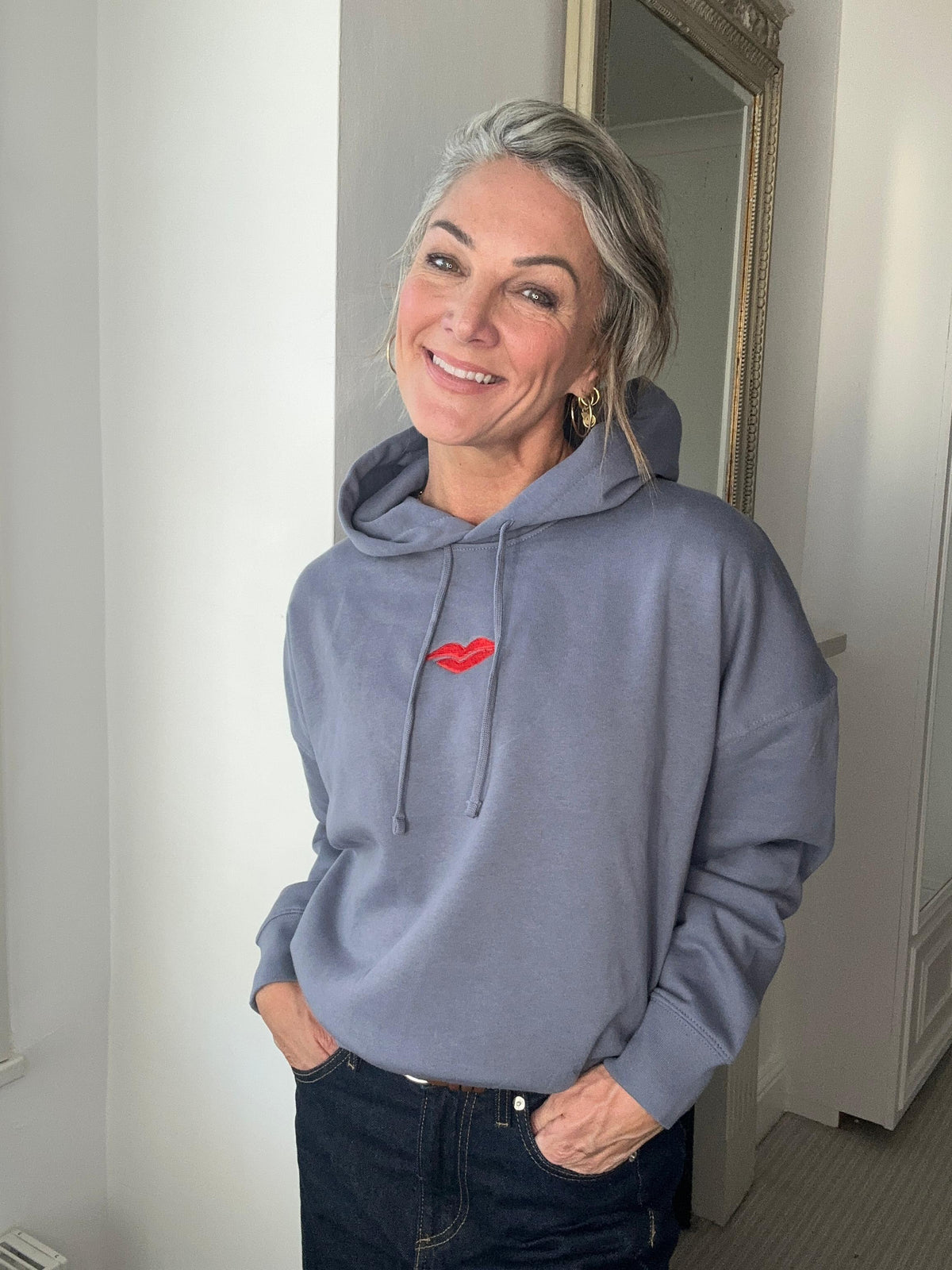 Lip Embroidered Hoody - Petrol Blue
