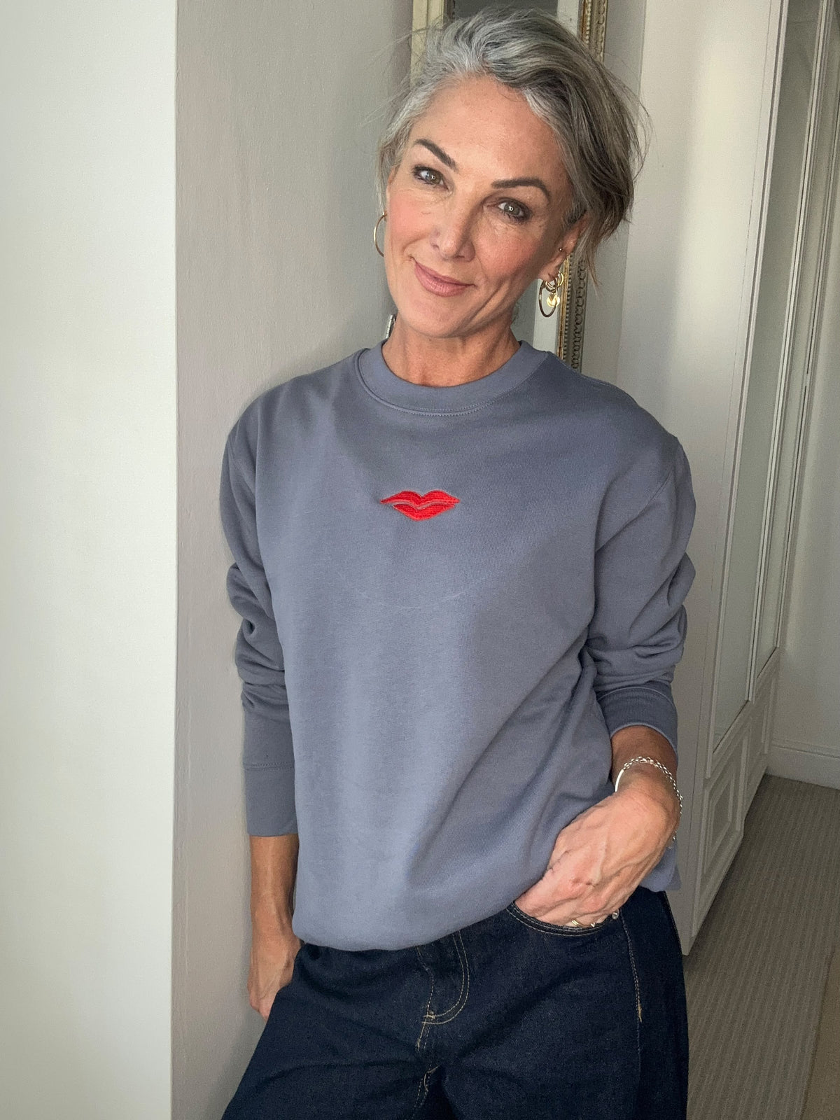Lip Embroidered Sweatshirt - Petrol Blue