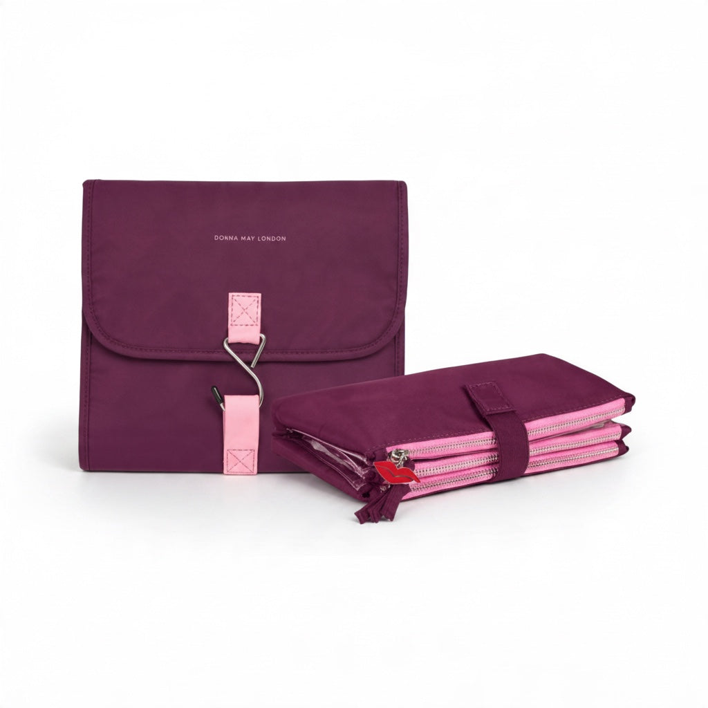 Burgundy Getaway Duo by Donna May London, featuring the closed Fold &amp; Go Wash Bag and matching Knick Knack Bag with pink zip and red lips charm.