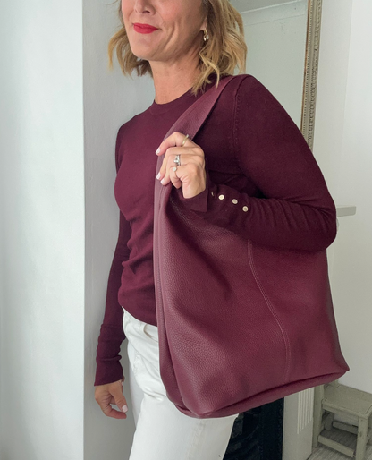 Everyday work and travel tote in Burgundy Italian leather with detachable purse