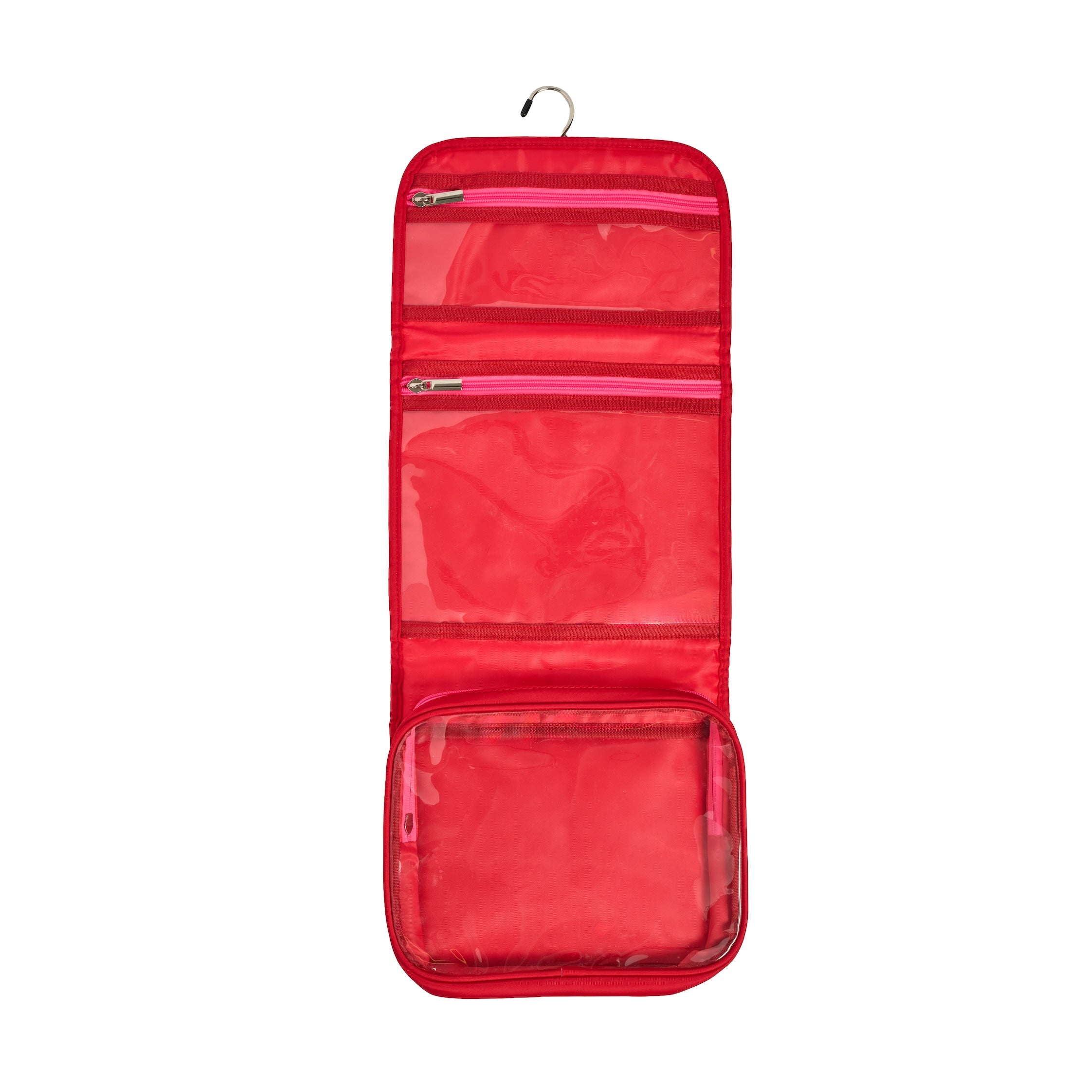 travel wash bag in red and pink