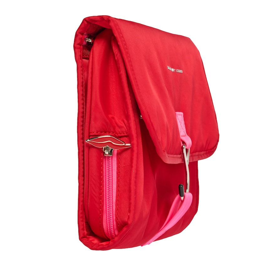 travel toiletries bag in red and pink