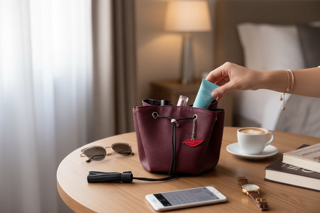 Donna May London small burgundy faux leather makeup bag with tassel and lip charm, opens flat for easy access.