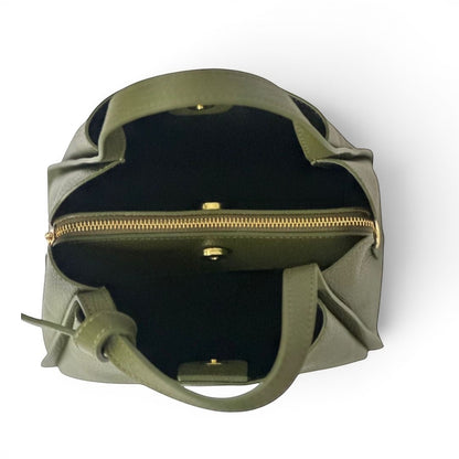 Elegant green structured handbag with gold hardware and detachable crossbody strap