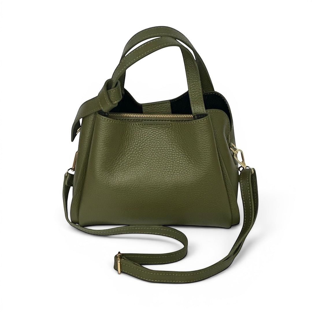Olive green Bow Bag/ Donna May London. Mini tote bag with top handles and crossbody strap in pebbled finish
