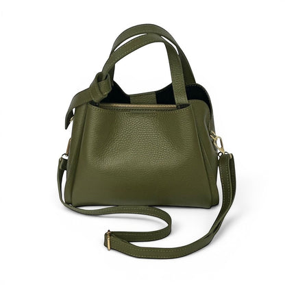 Olive green Bow Bag/ Donna May London. Mini tote bag with top handles and crossbody strap in pebbled finish