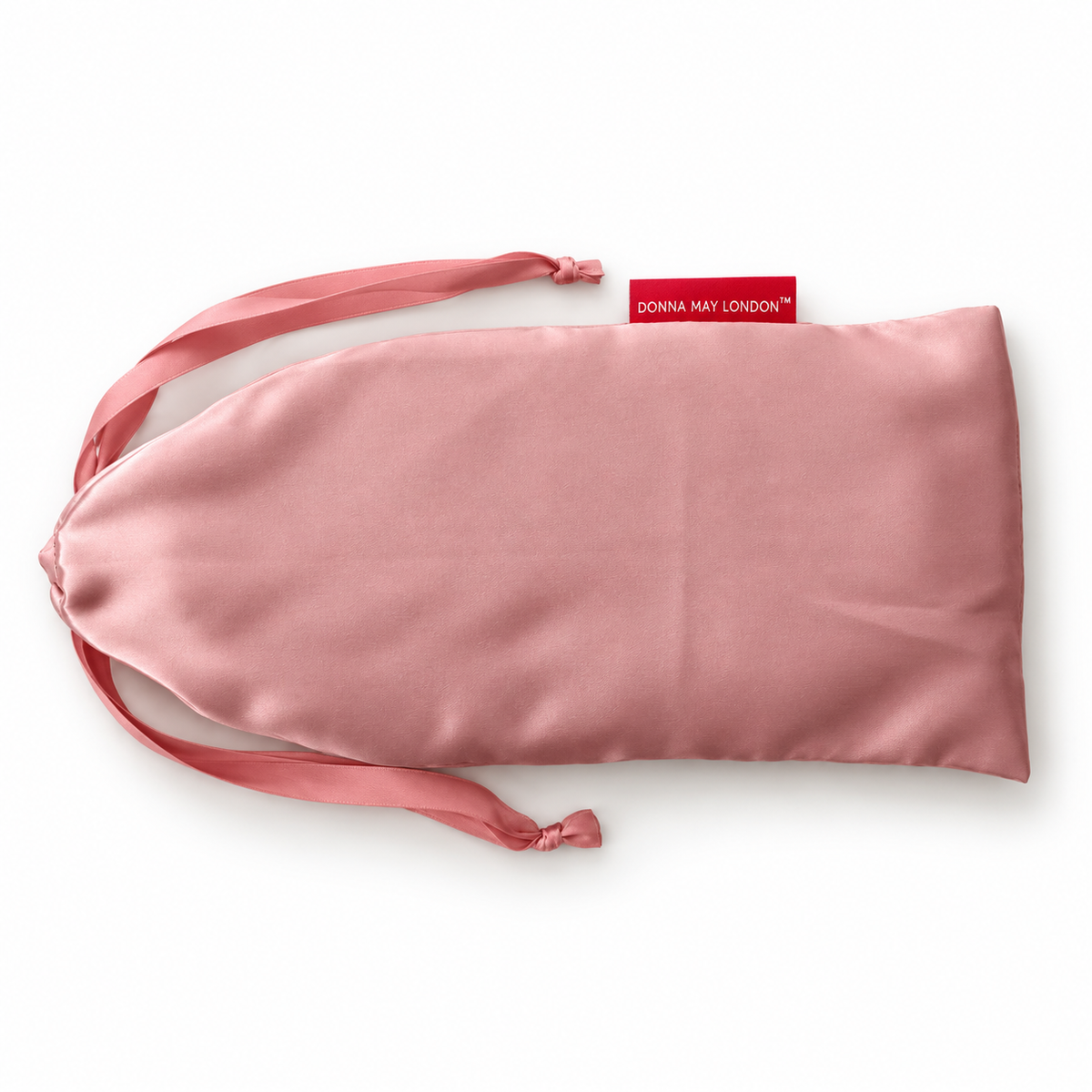 Blush pink satin sleep mask storage pouch with ribbon drawstrings and red Donna May London label