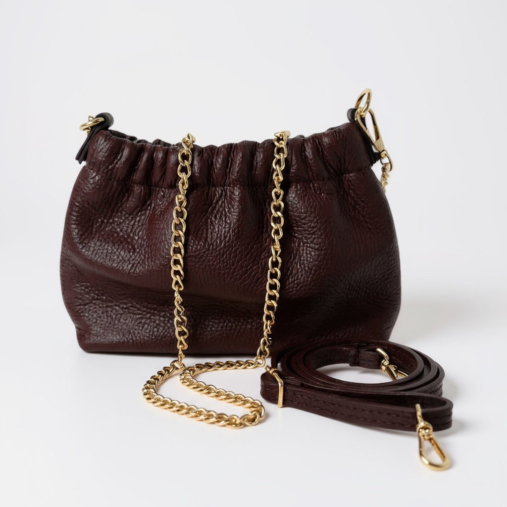 Lara Cross Body Bag in Dark Plum Italian Leather - gold metalwork