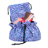 open flat makeup bag in blue and green