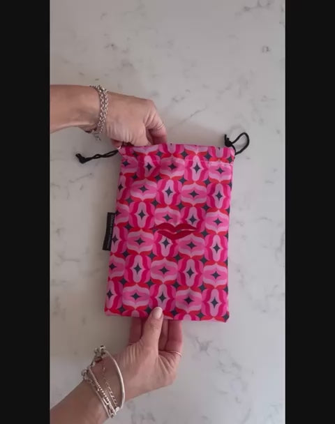 Open Flat Drawstring Makeup Bag in Pink Geometric