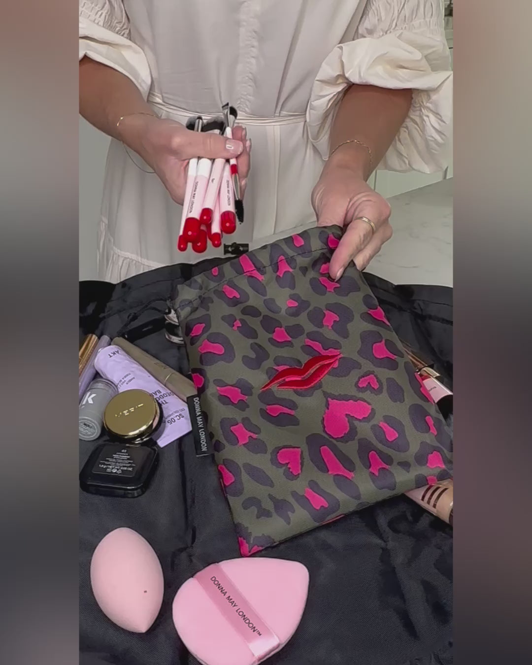 Open Flat Drawstring Makeup Bag in Khaki &amp; Pink Animal