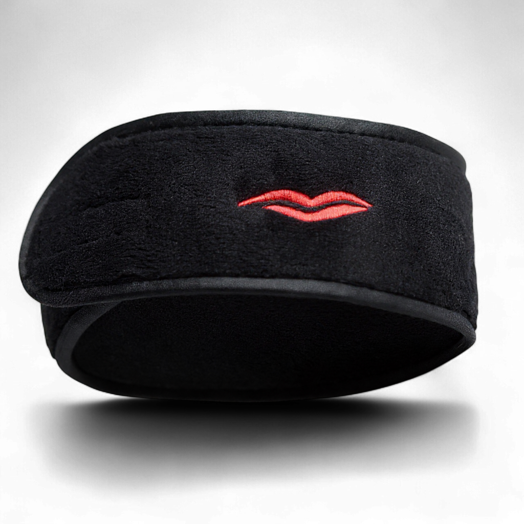 Donna May London black adjustable spa headband with red lip embroidery