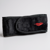 Beauty headband for makeup and skincare – adjustable black microfibre with red lip detail