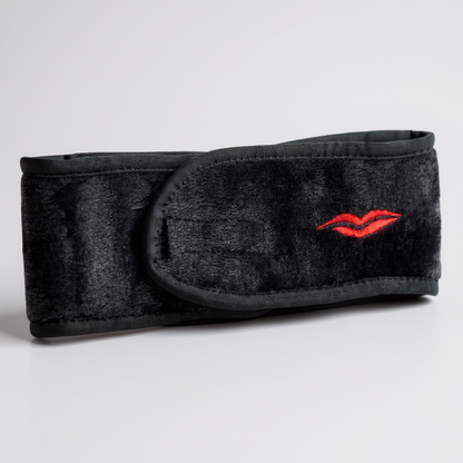 Beauty headband for makeup and skincare – adjustable black microfibre with red lip detail