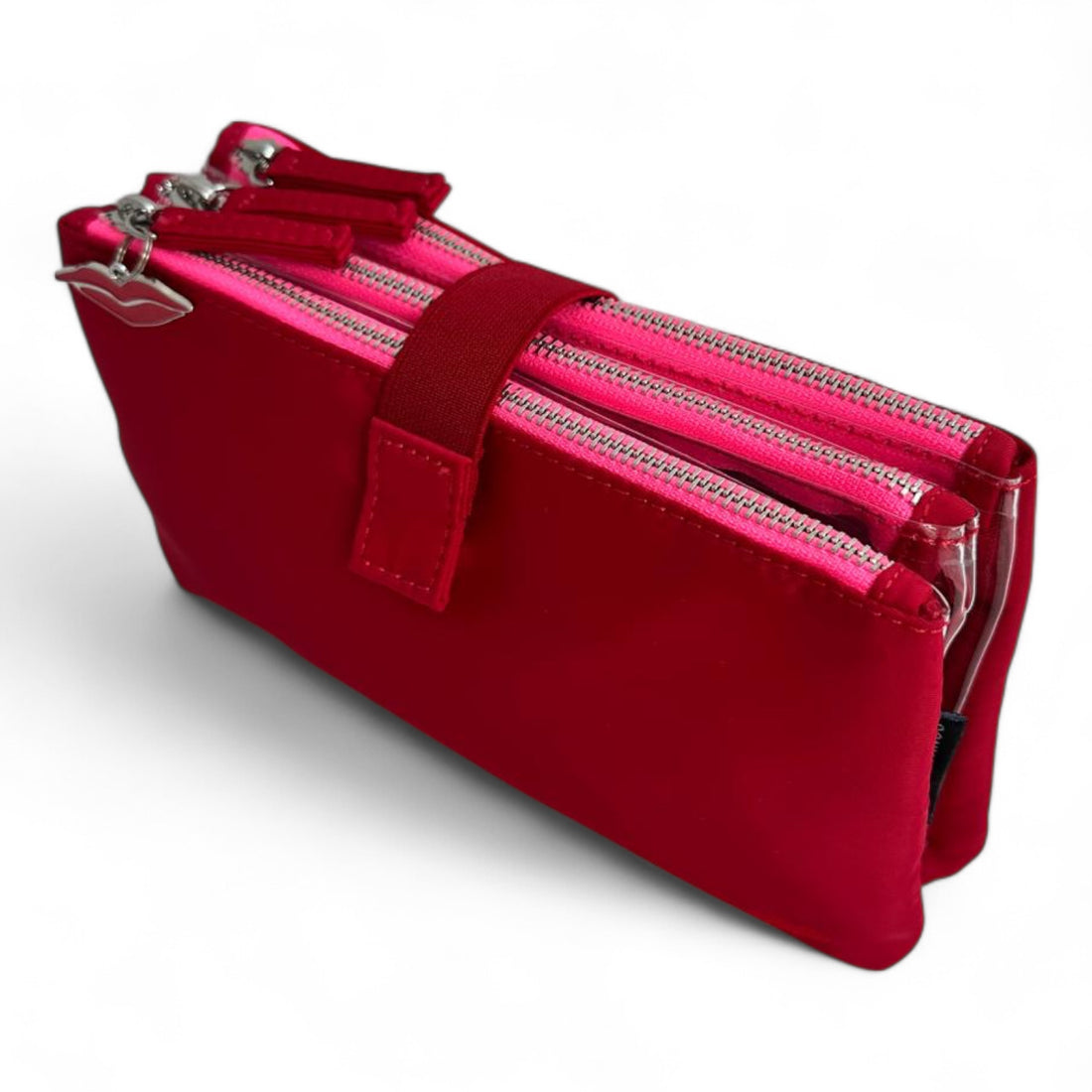 Red Knick-Knack Bag Max with neon pink zips and embroidered lip detail