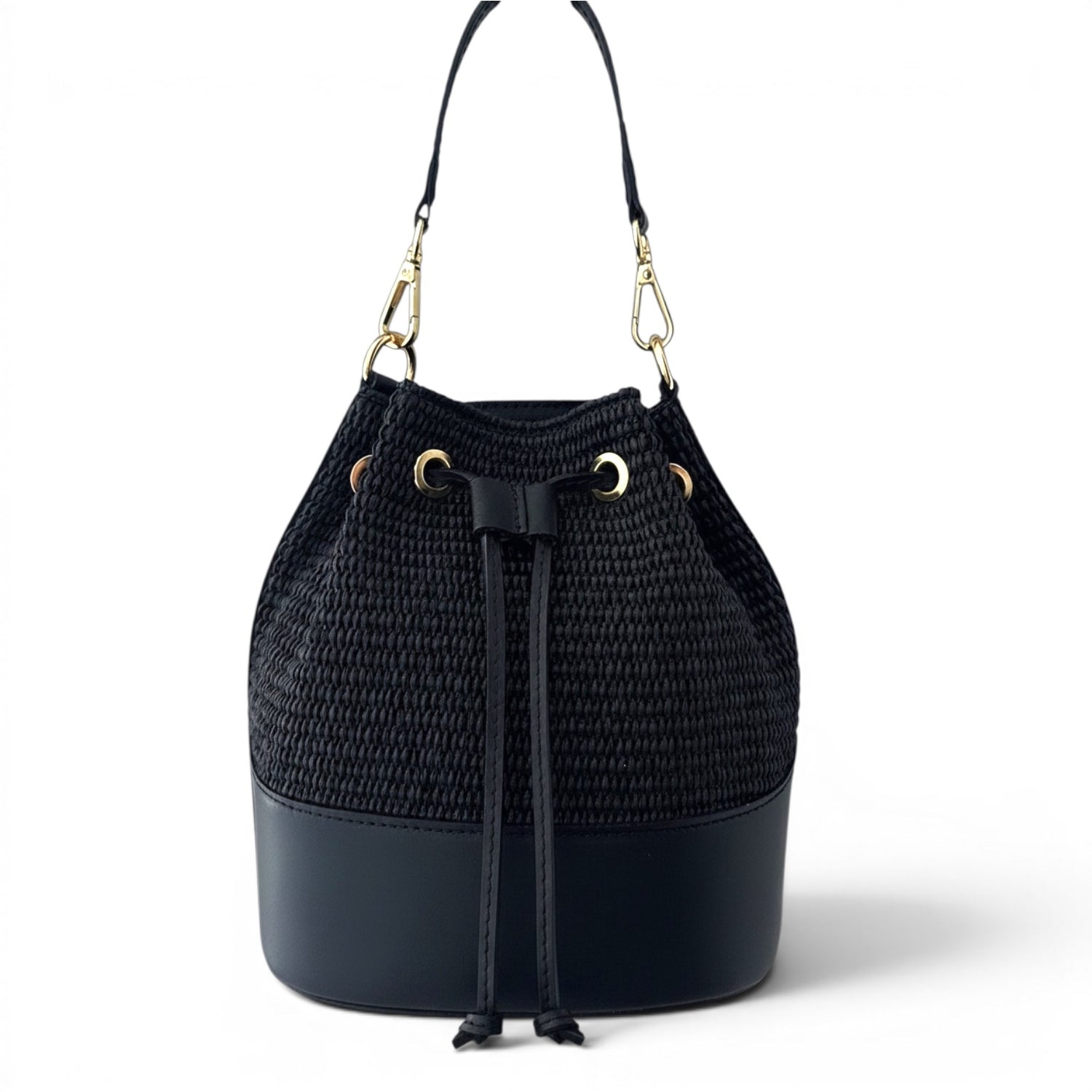 Amalfi Woven Bucket Bag with Black Leather