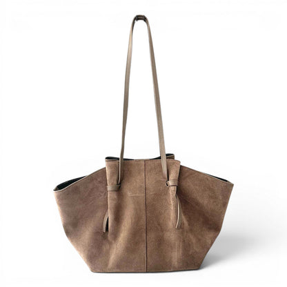 Gathered Suede Tote Bag in Mink