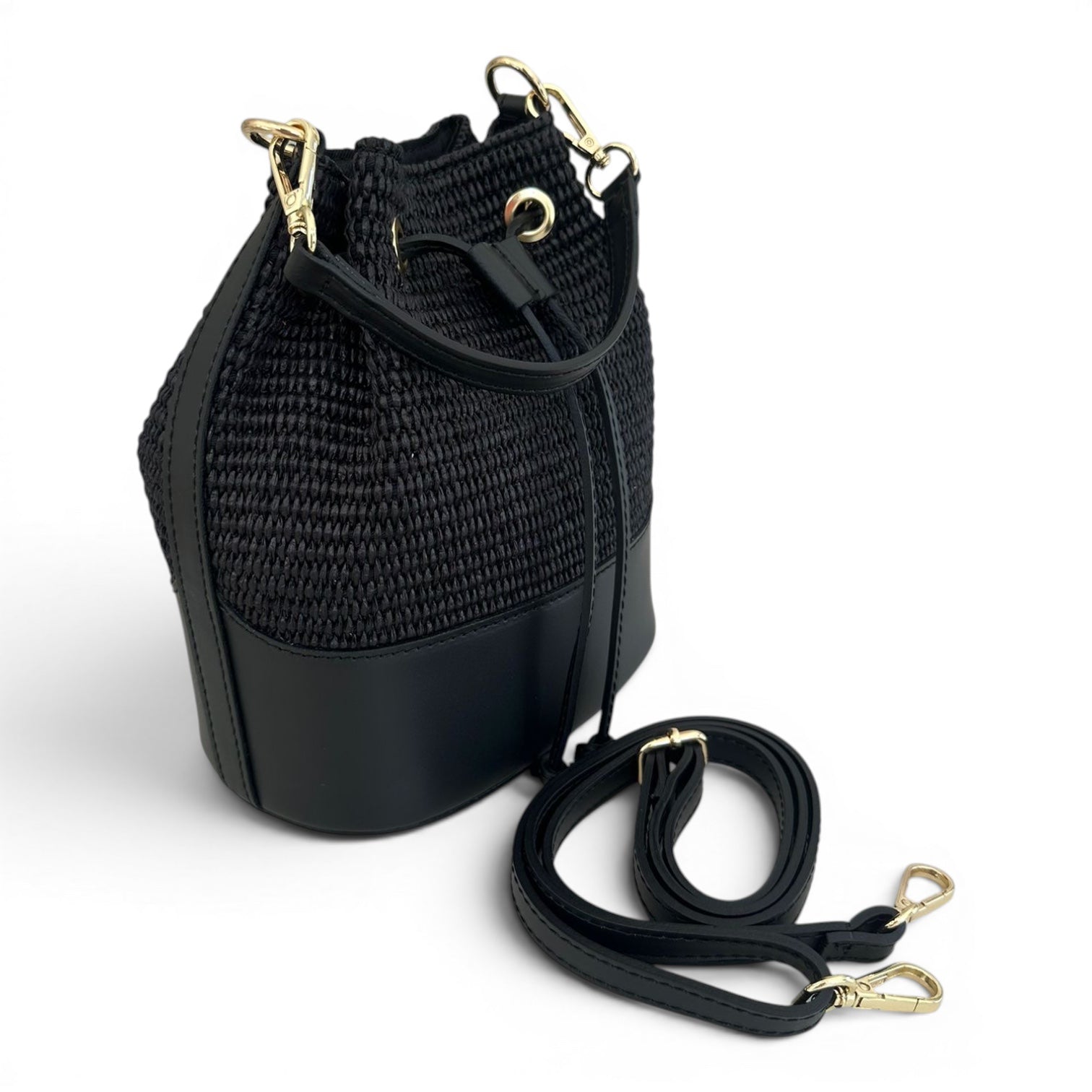 Amalfi Woven Bucket Bag with Black Leather