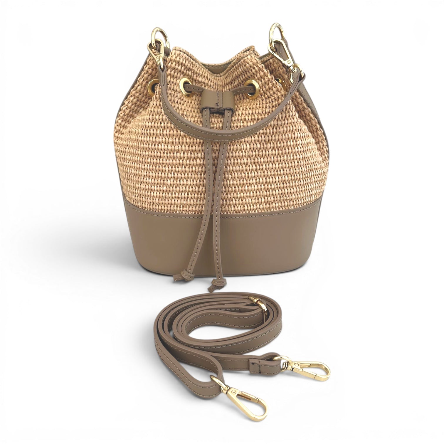 Amalfi Woven Bucket Bag with Taupe Leather