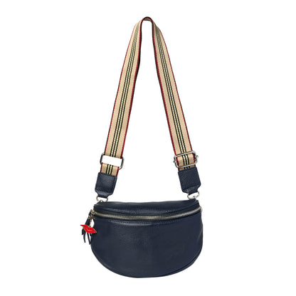 Navy bag with a striped strap 