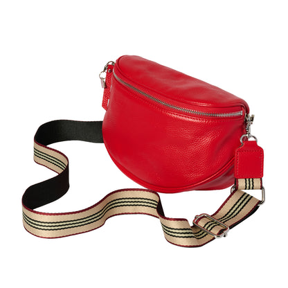 red cross body bag with striped strap
