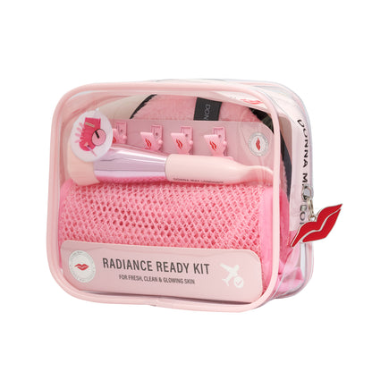 Donna May London Radiance Ready Kit – reusable Glow Fresh cleansing set with remover pad, exfoliator mitt, clips and brush in zip pouch.