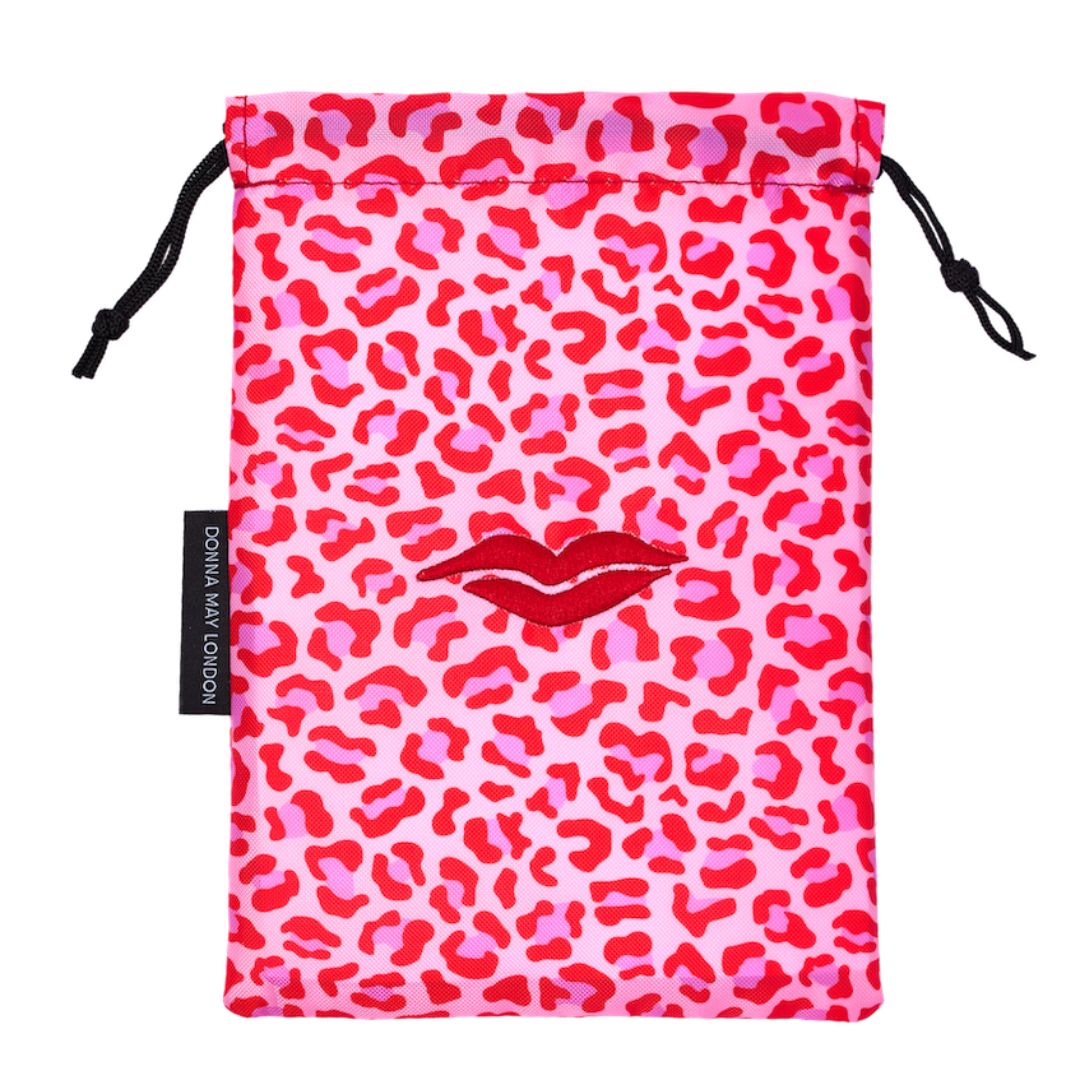 Open Flat Drawstring Makeup Bag in Pink &amp; Red Animal Print
