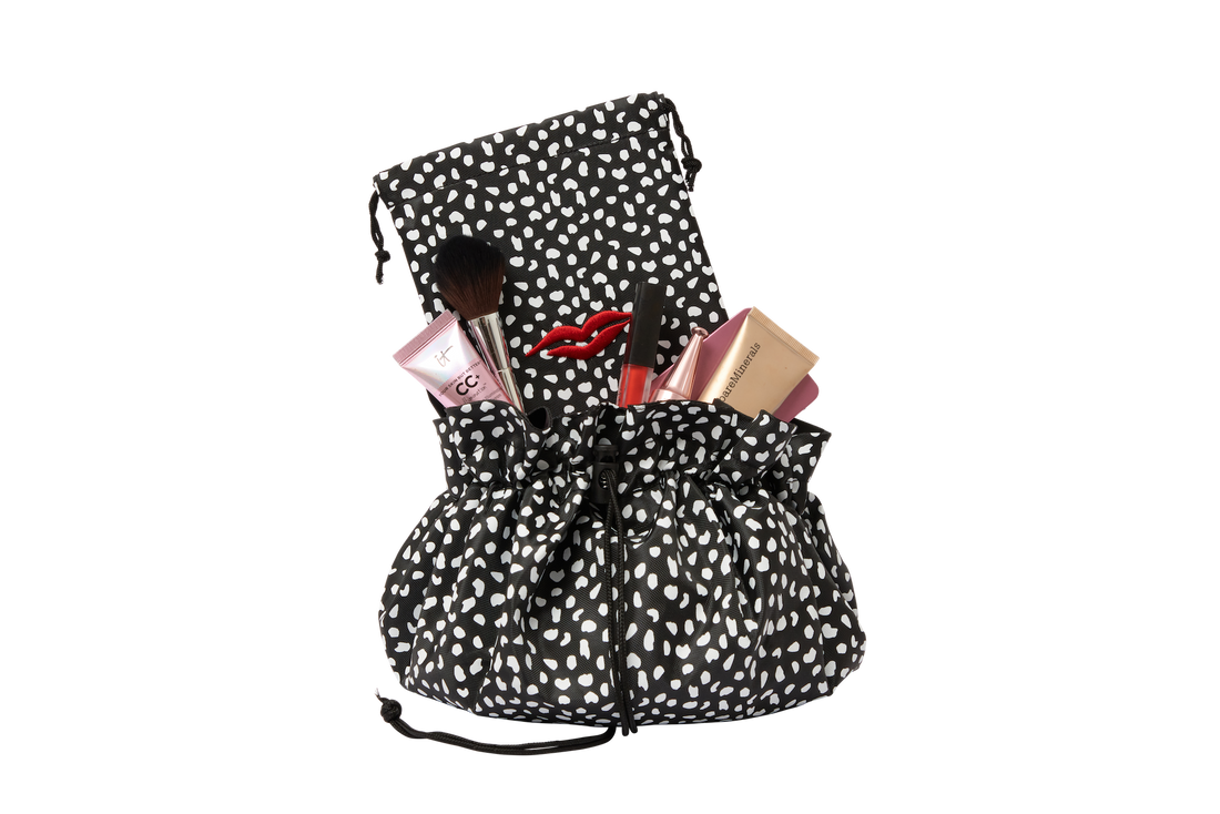 Open Flat Drawstring Makeup Bag in Black and White Spotty Print