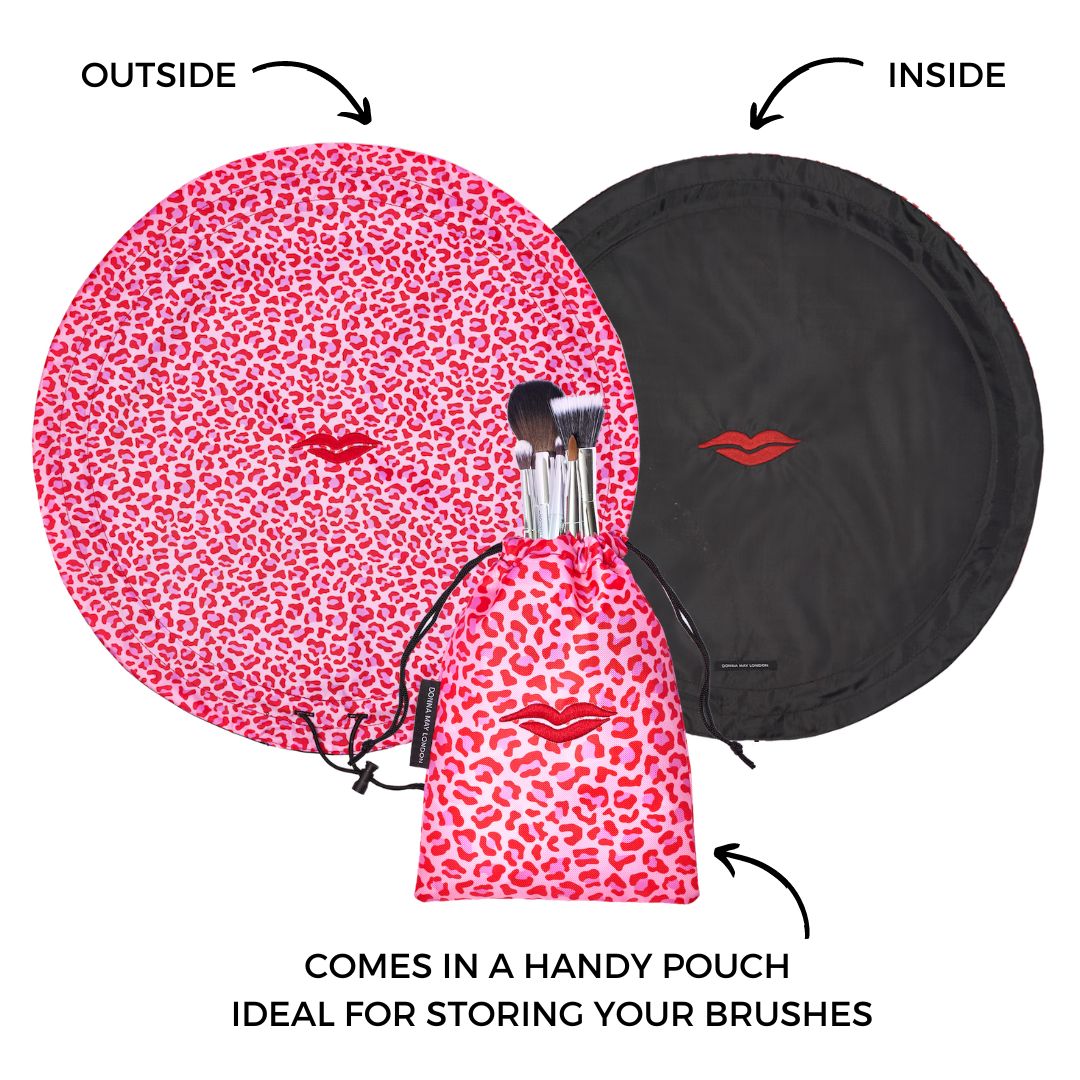 Open Flat Drawstring Makeup Bag in Pink &amp; Red Animal Print