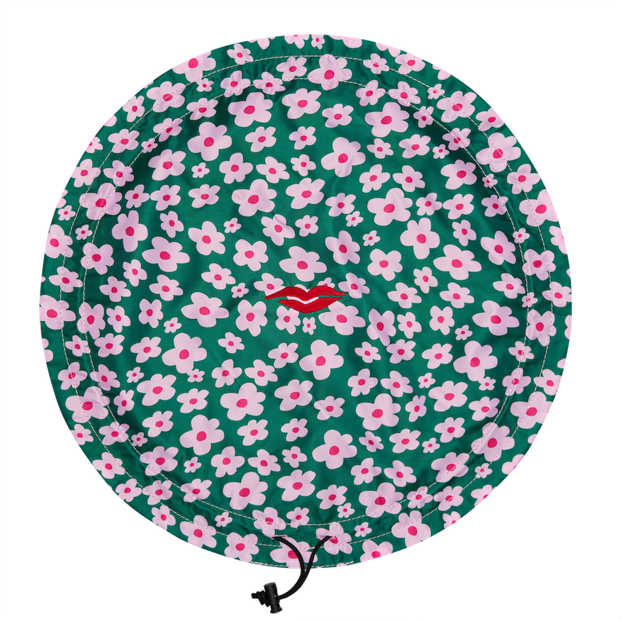 Trousse de maquillage ouverte à cordon plat en vert avec fleur rose 