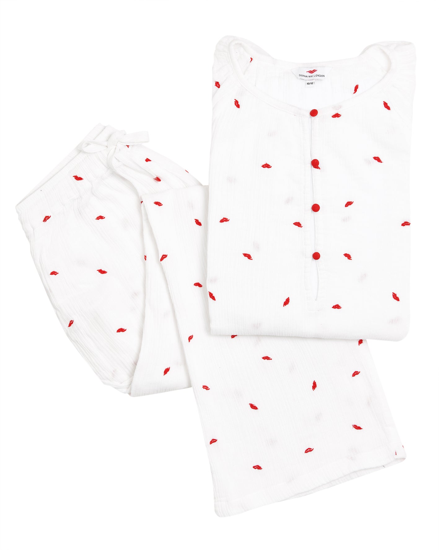 White Cotton Pyjamas With Red Lip Embroidery