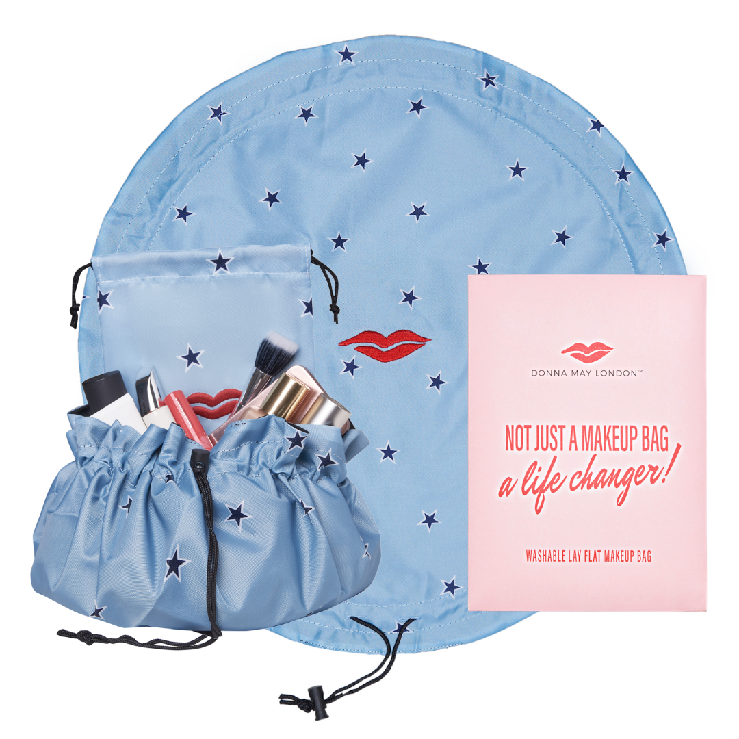 Open Flat Drawstring Makeup Bag in Blue Star Print